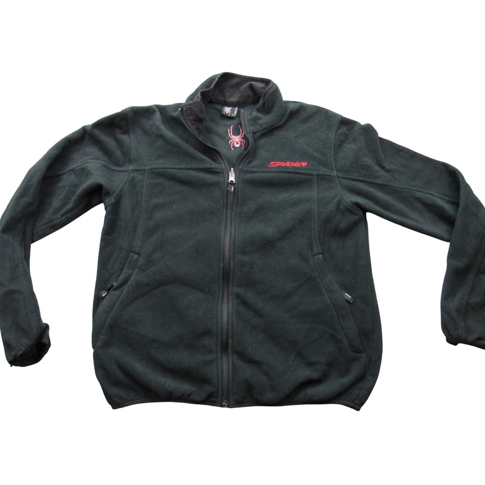 Spyder Mens Small Black Full Zip Fleece Jacket Red Embroidered Logo Mock Neck